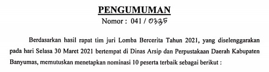 Pengumuman Nominasi 10 Besar Lomba Bercerita 2021