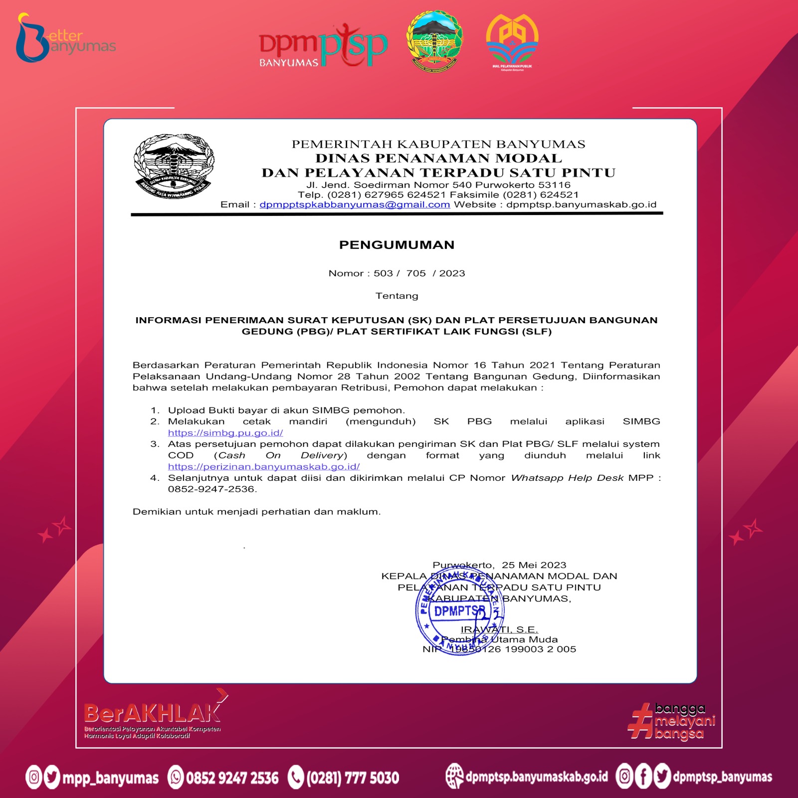 Informasi Penerimaan Surat Keputusan (SK) dan Plat Persetujuan Bangunan Gedung (PBG)/Plat Sertifikat Laik Fungsi (SLF)