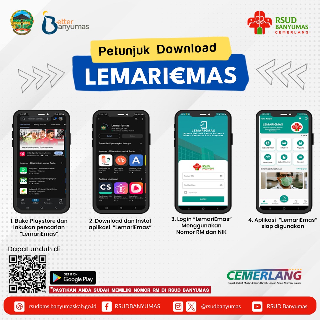 Yup... Download LEMARI EMAS - Layanan Elektronik Pantau Antrian & Edukasi Kesehatan RSUD Banyumas