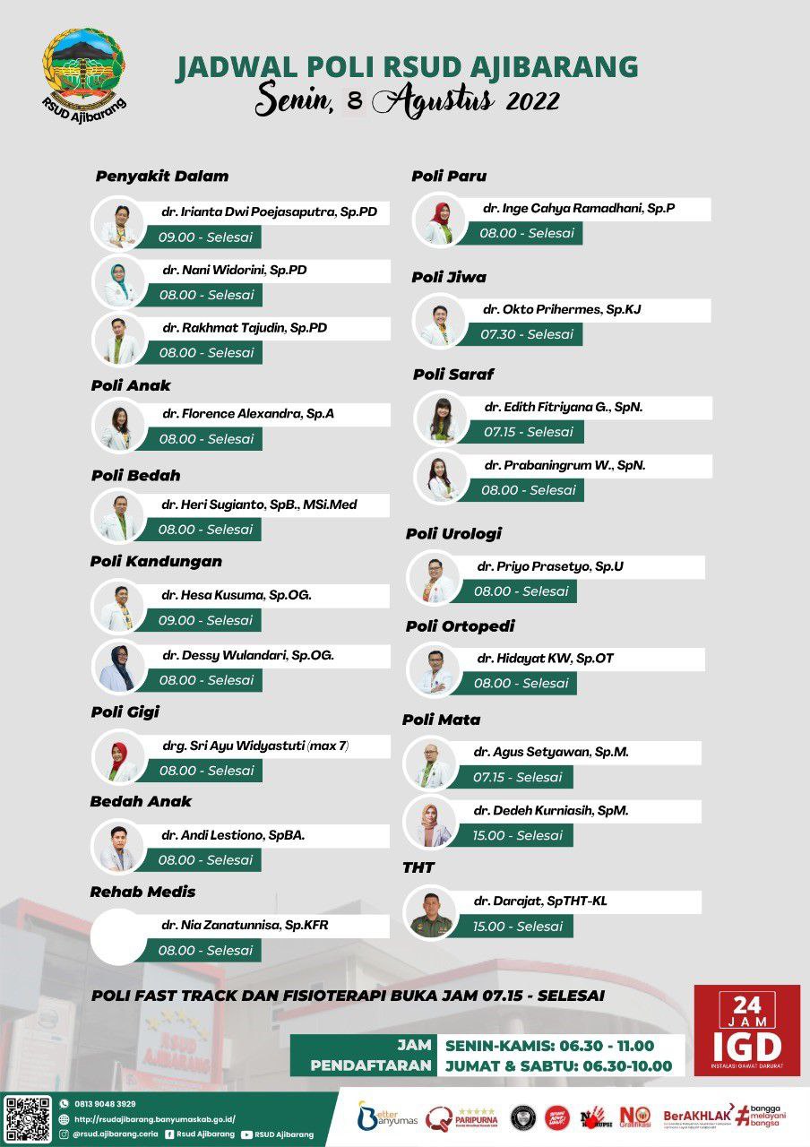 JADWAL POLI KLINIK RSUD AJIBARANG, SENIN, 8 AGUSTUS 2022