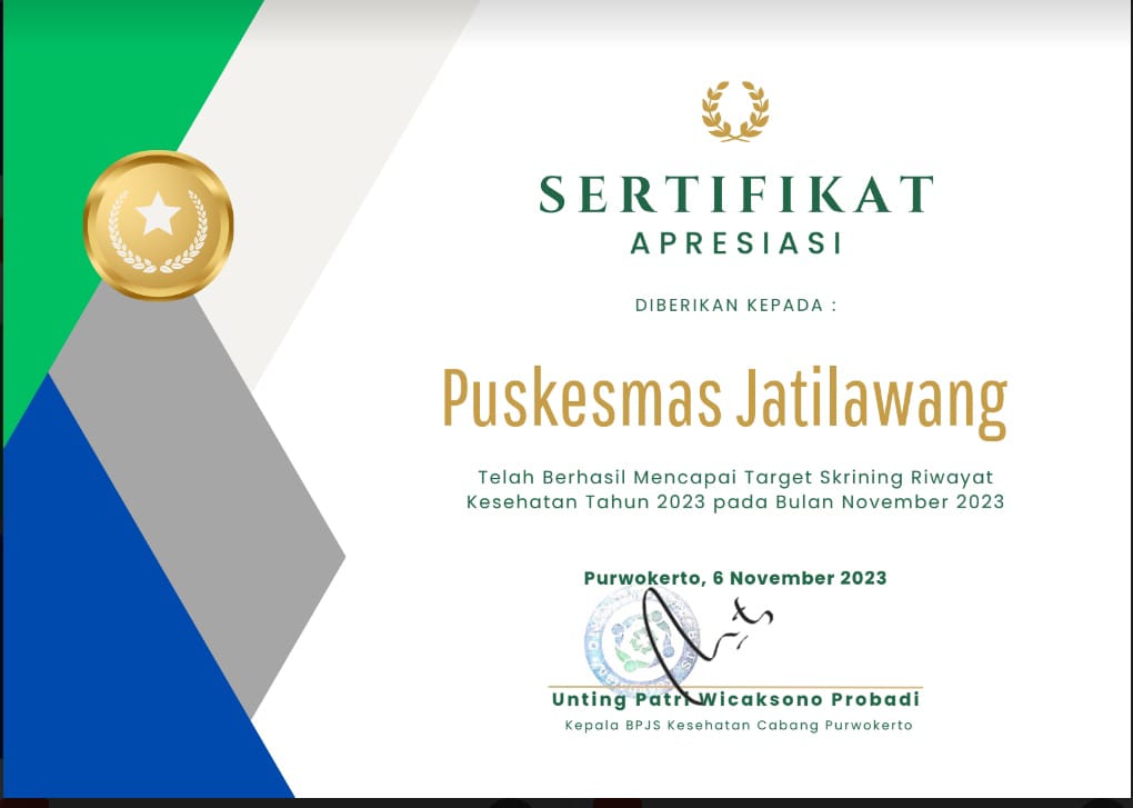 PUSKESMAS JATILAWANG MEMPEROLEH SERTIFIKAT APRESIASI DARI BPJS