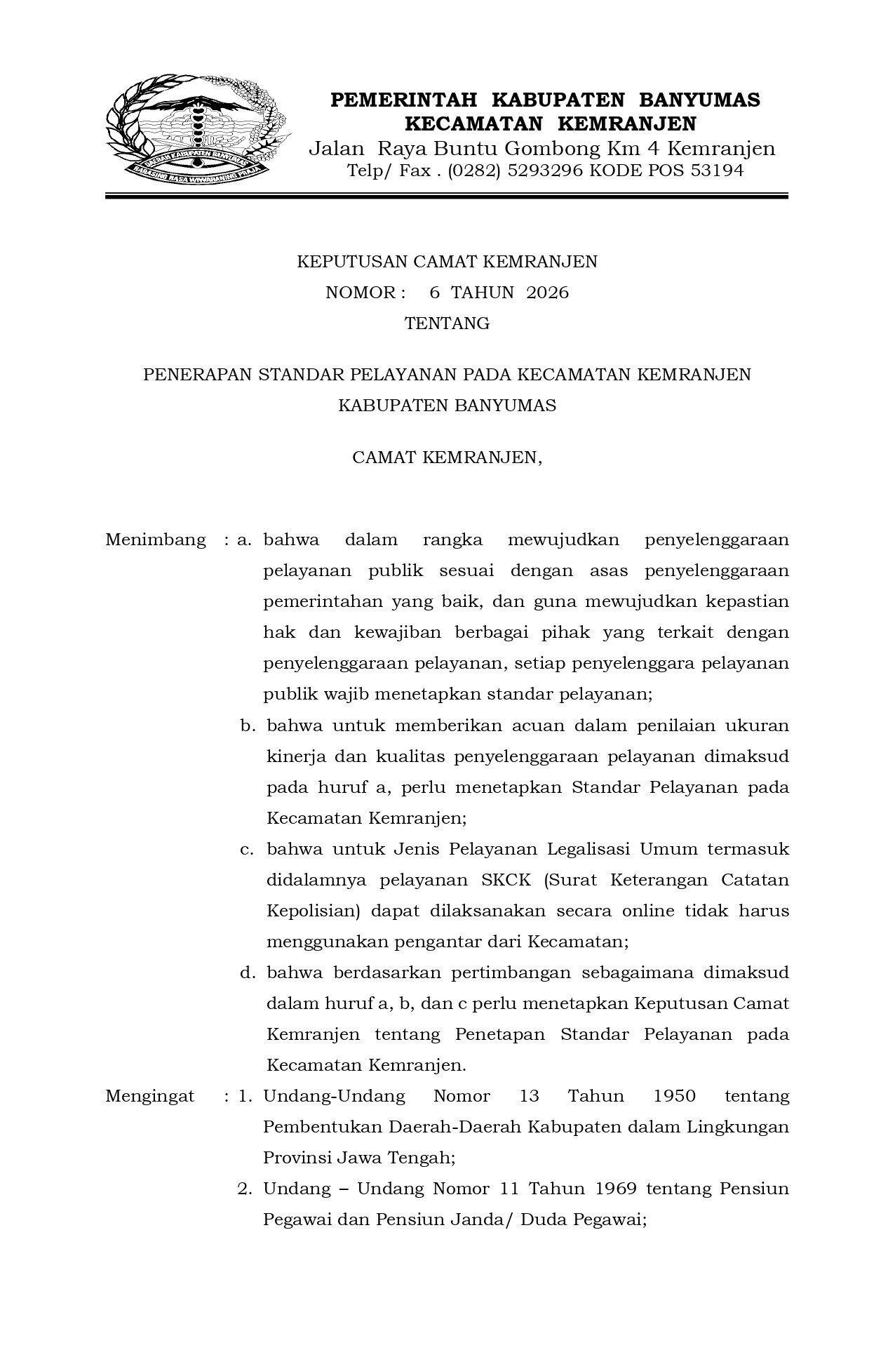 STANDAR PELAYANAN KECAMATAN KEMRANJEN TAHUN 2026