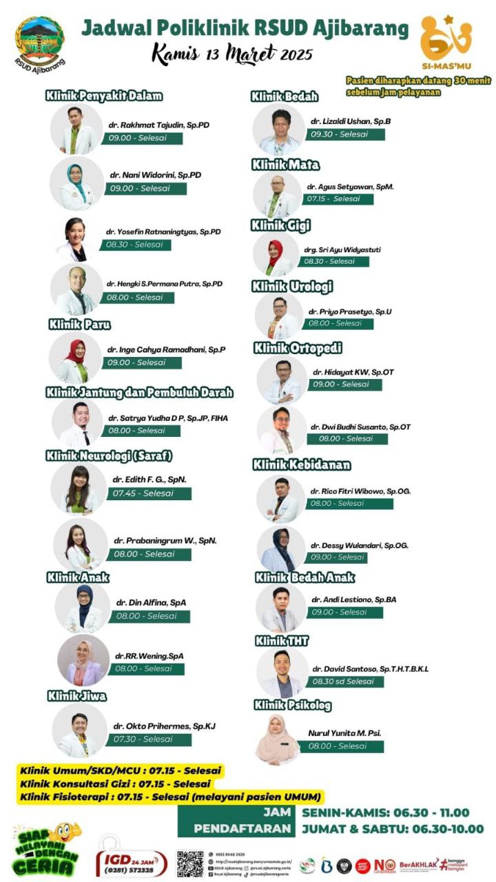 Jadwal Poliklinik RSUD Ajibarang hari Kamis, 13 Maret 2025 