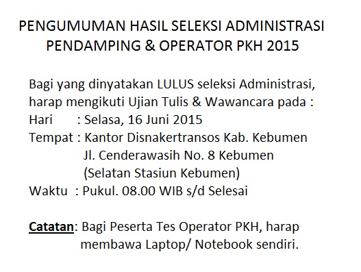 HASIL SELEKSI ADMINISTRASI PENDAMPING DAN OPERATOR PKH 2015