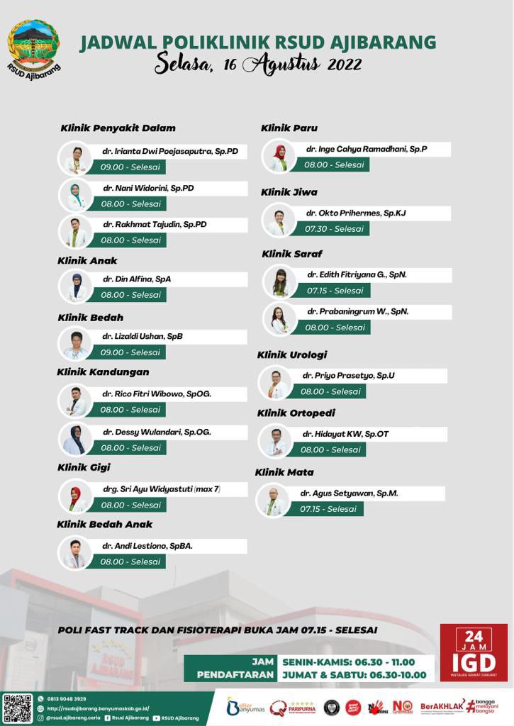 JADWAL POLI KLINIK RSUD AJIBARANG, SELASA 16 AGUSTUS 2022