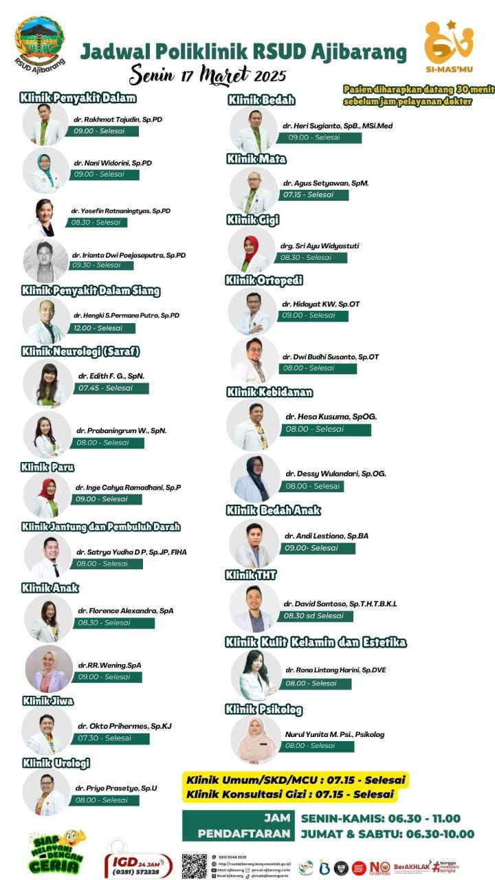 jadwal Poliklinik RSUD Ajibarang untuk Senin, 17 Maret 2025