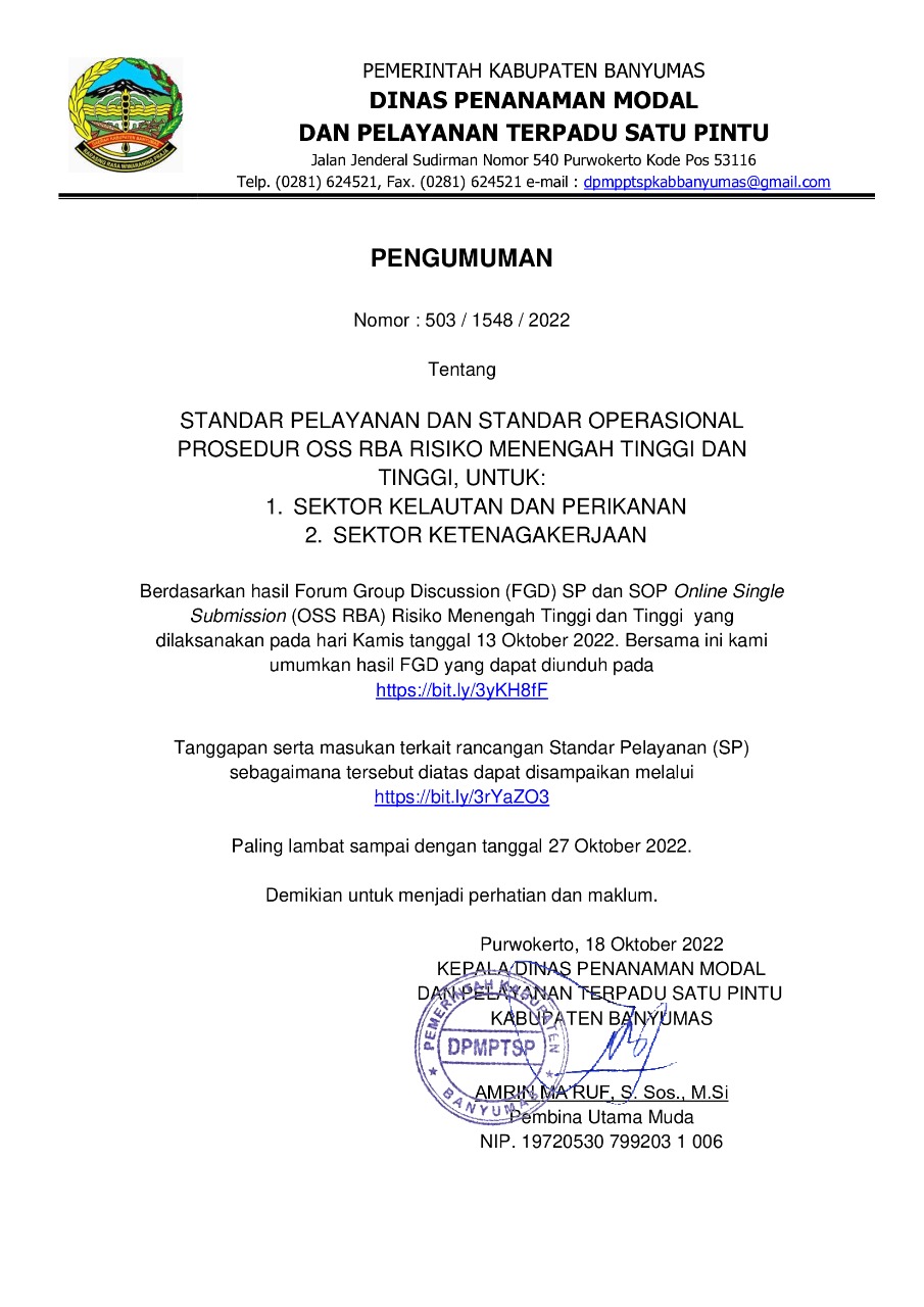 STANDAR PELAYANAN DAN STANDAR OPERASIONAL PROSEDUR OSS RBA RISIKO MENENGAH TINGGI DAN TINGGI