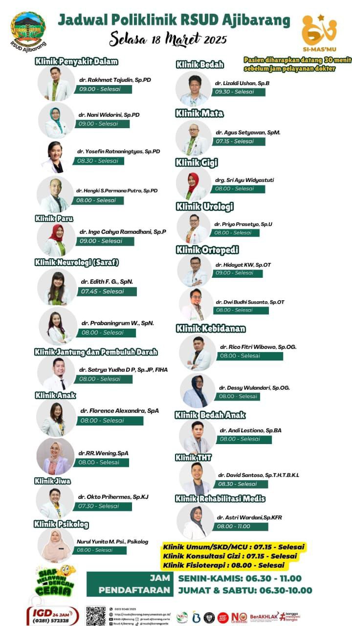 Jadwal poliklinik RSUD Ajibarang untuk hari Selasa, 18 Maret 2025