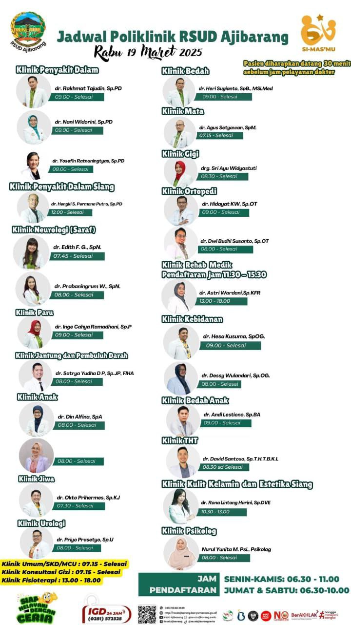 jadwal Poliklinik RSUD Ajibarang untuk Rabu, 19 Maret 2025