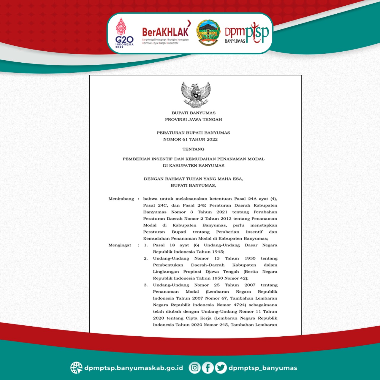 PERATURAN BUPATI BANYUMAS NOMOR 61 TAHUN 2022