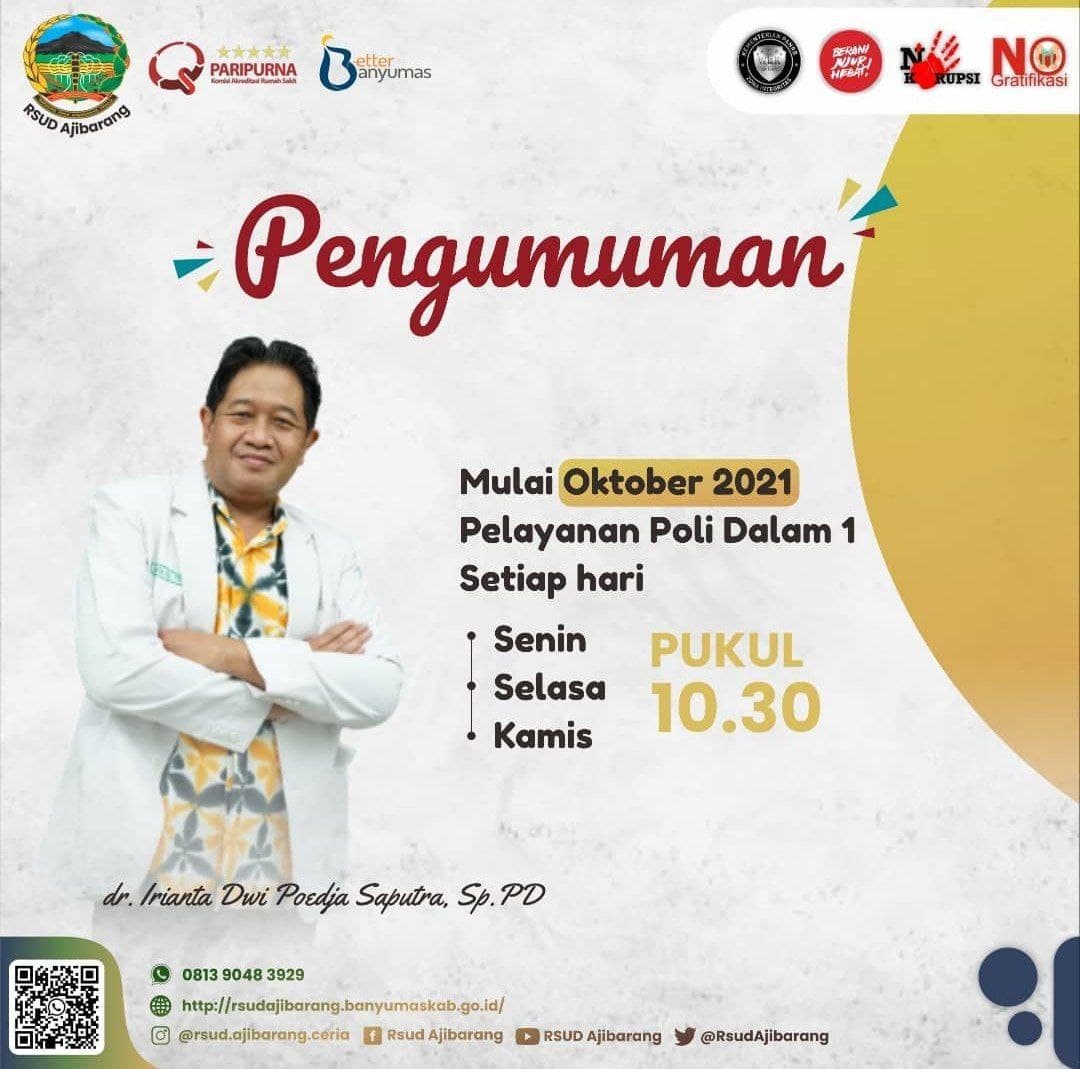 JADWAL POLI KLINIK DALAM 1 Dr. IRIANTA DWI PUJA SAPUTRA, Sp.PD MULAI BULAN OKTOBER 2021