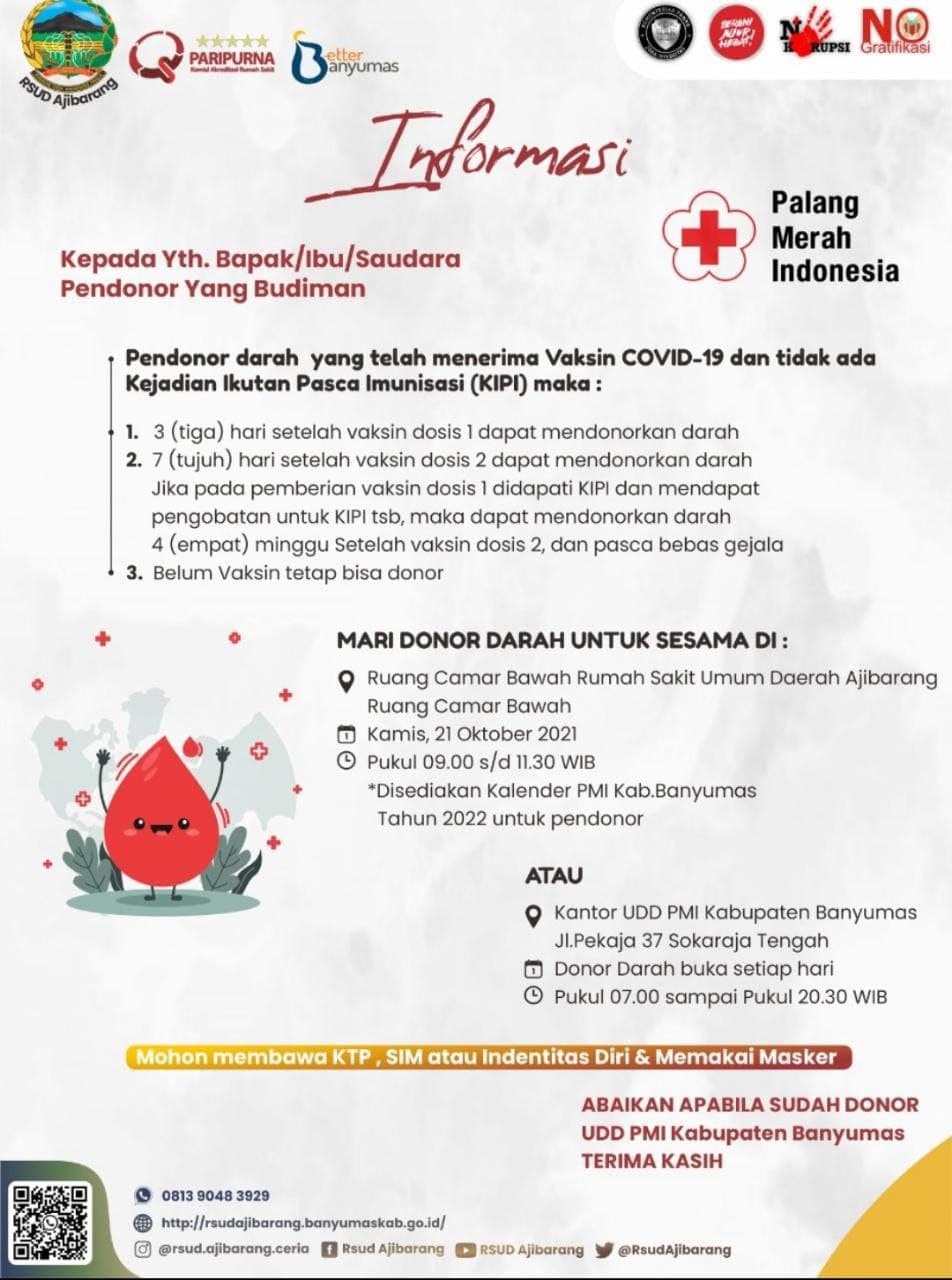 DONOR DARAH SUKARELA PMI BANYUMAS DI RSUD AJIBARANG TANGGAL 21 OKTOBER 2021