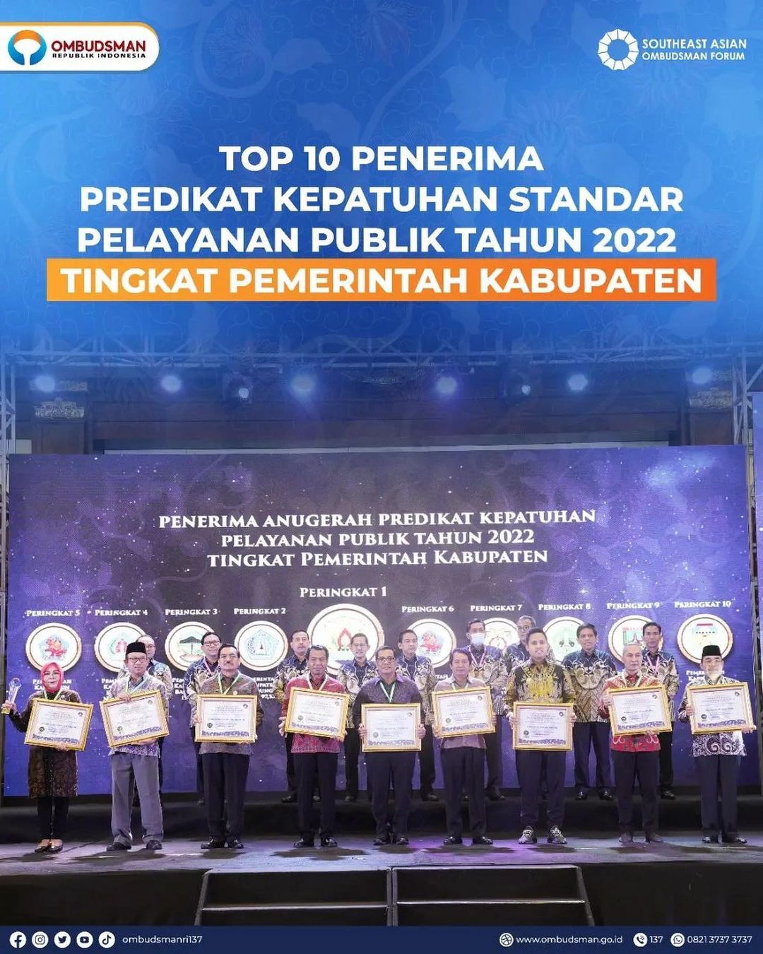 Pemerintah Kabupaten Banyumas masuk ke dalam Top 10 Penerima Predikat Kepatuham Standar Pelayanan Publik Tahun 2022 Tingkat Pemerintah Kabupaten