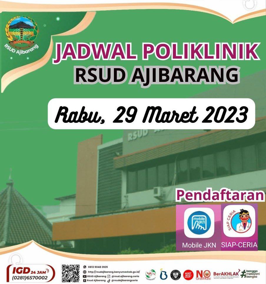 JADWAL POLIKLINIK RSUD AJIBARANG || RABU, 29 MARET 2023