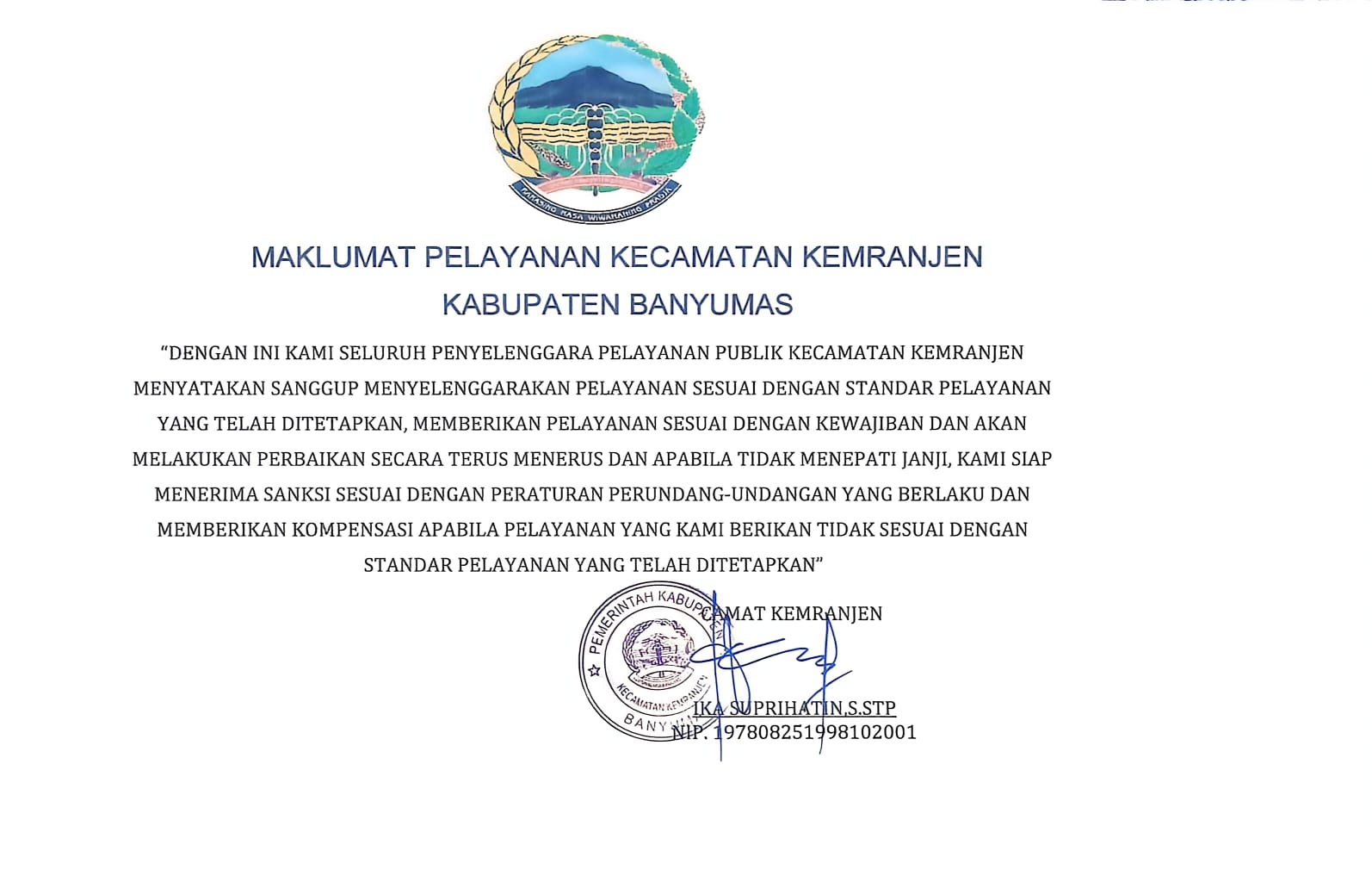 MAKLUMAT PELAYANAN KECAMATAN KEMRANJEN